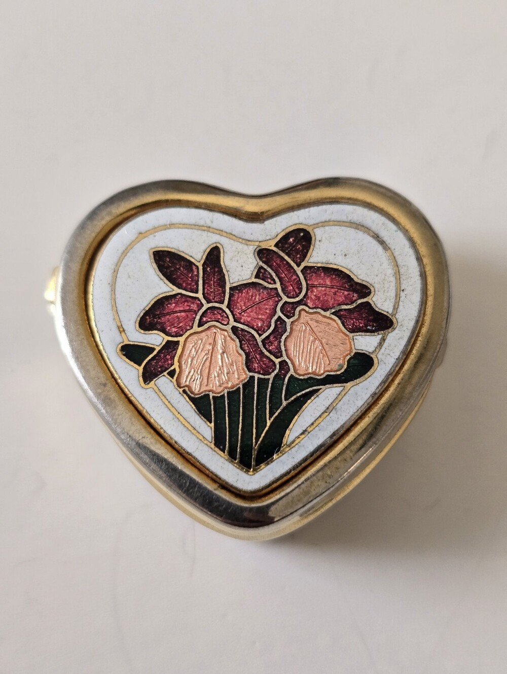 Heart-Shaped Floral Enamel Trinket Box in Pink and Gold
